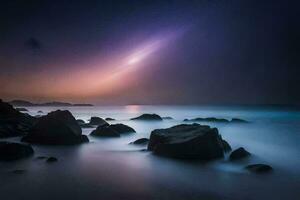 a long exposure photograph of rocks and water at the beach. AI-Generated photo