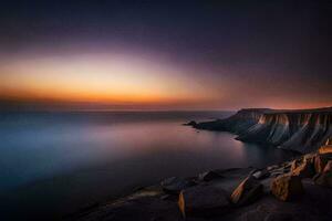 the sunset over the ocean and cliffs. AI-Generated photo