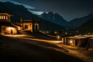 un noche Disparo de un pueblo en el montañas. generado por ai foto