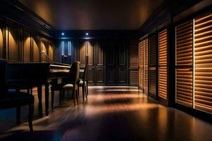 a room with wooden shutters and a piano. AI-Generated photo