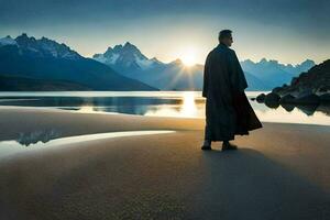 un hombre en un túnica camina a lo largo el apuntalar de un lago. generado por ai foto