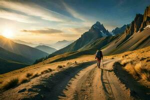 a man walking on a dirt road in the mountains. AI-Generated photo