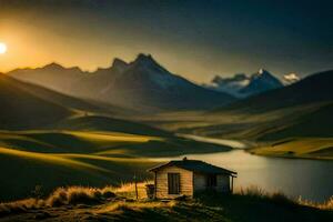 el Dom sube terminado el montañas y el cabina es en el borde de el lago. generado por ai foto