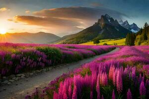 the road to the mountains, purple flowers, mountains, hd wallpaper. AI-Generated photo