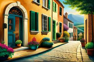 an oil painting of a street with flowers and potted plants. AI-Generated photo
