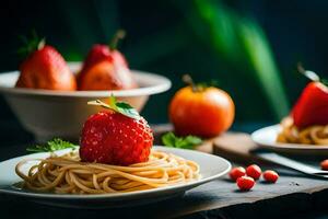 a plate of spaghetti with strawberries and tomatoes. AI-Generated photo