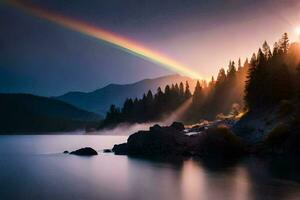 photo wallpaper the sky, mountains, trees, lake, rainbow, the sun, the sky,. AI-Generated