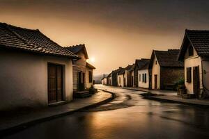 un calle en el lluvia con casas y un bicicleta. generado por ai foto