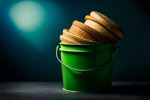 a green bucket with a stack of wooden spoons. AI-Generated photo