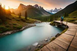 a man walks across a wooden bridge over a river at sunset. AI-Generated photo