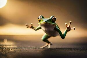 a frog jumping on the ground with its legs spread. AI-Generated photo