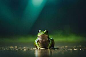 a frog sitting on the ground in front of a green light. AI-Generated photo