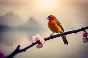 a bird sits on a branch with flowers in the background. AI-Generated photo