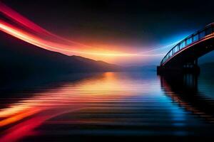 a bridge over water at night with lights. AI-Generated photo