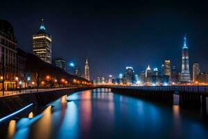 a city skyline at night with a river and bridge. AI-Generated photo