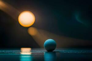 an egg sitting on a table in front of a spotlight. AI-Generated photo