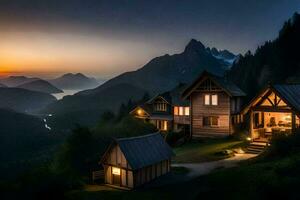 the sun sets over a mountain range and a cabin. AI-Generated photo