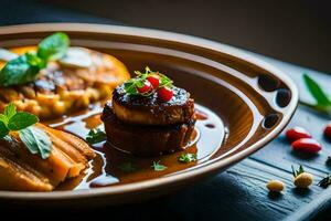 un plato de comida con carne y vegetales. generado por ai foto