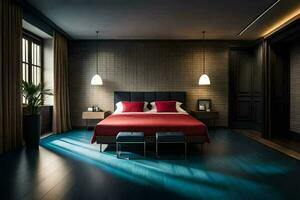 un dormitorio con un rojo cama y azul paredes generado por ai foto