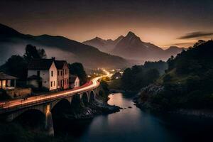 un puente terminado un río a oscuridad con montañas en el antecedentes. generado por ai foto