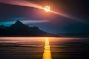 a full moon is seen over the water with mountains in the background. AI-Generated photo