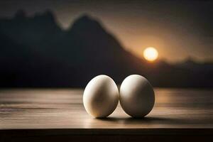 two eggs on a table with mountains in the background. AI-Generated photo