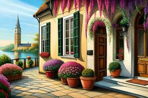 a painting of a house with flowers on the front porch. AI-Generated photo