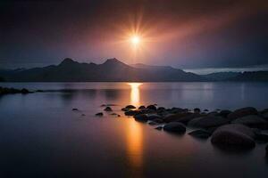 the moon shines over a lake and rocks in the water. AI-Generated photo