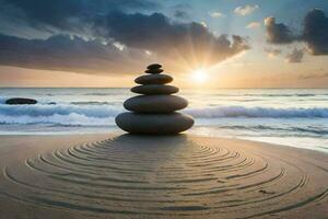 a stack of stones on the beach at sunset. AI-Generated photo