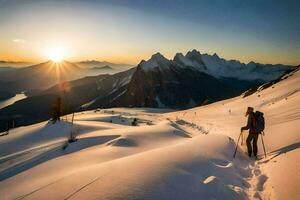 un persona excursionismo arriba un montaña a puesta de sol. generado por ai foto