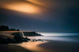 un largo exposición fotografía de un playa a noche. generado por ai foto