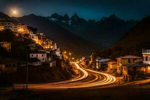 un ciudad calle a noche con un Luna en el cielo. generado por ai foto