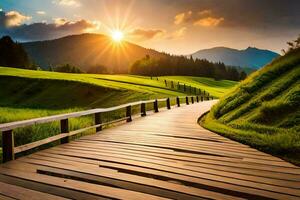 the sun rises over a wooden pathway in the middle of a green field. AI-Generated photo