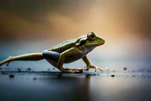 a frog is standing on a wet surface. AI-Generated photo