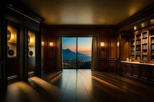 a room with a view of the mountains at sunset. AI-Generated photo