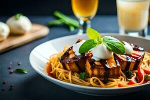 spaghetti with meatballs and sauce on a plate. AI-Generated photo