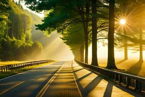 a road with trees and sun shining through the trees. AI-Generated photo