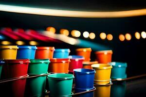 colorful buckets on a table with lights in the background. AI-Generated photo