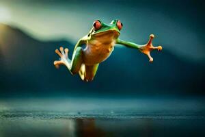a frog jumping in the air with its eyes open. AI-Generated photo