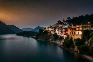 the sun sets over a village on the edge of a lake. AI-Generated photo