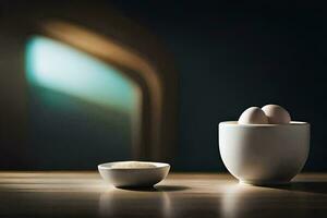 two eggs sit in a bowl on a table. AI-Generated photo