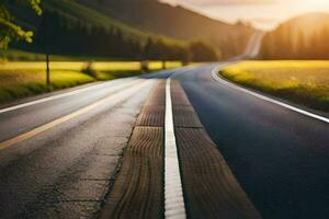 un largo vacío la carretera con el Dom ajuste detrás él. generado por ai foto