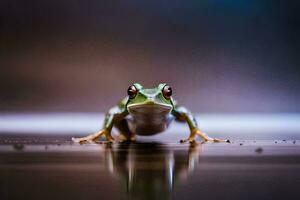 a frog sitting on the ground with its reflection. AI-Generated photo