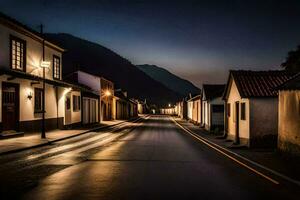 a long empty street at night with houses and mountains in the background. AI-Generated photo