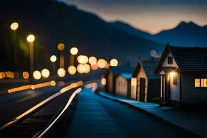 un tren pista con luces en el lado de él. generado por ai foto