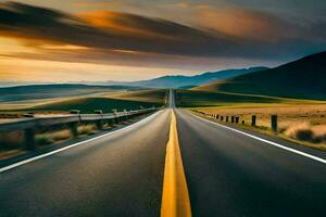 un largo vacío la carretera con un puesta de sol en el antecedentes. generado por ai foto