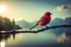 a red bird sits on a branch near a lake. AI-Generated photo