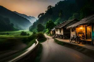 a bicycle is parked on a road in front of a hut. AI-Generated photo