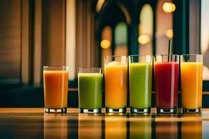 a row of glasses with different colored juices. AI-Generated photo