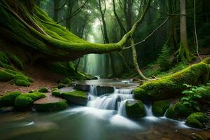 the forest, person, person, person, water, waterfall, moss, forest, waterfalls. AI-Generated photo